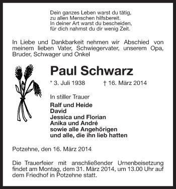 Traueranzeige von Paul Schwarz von Uelzen