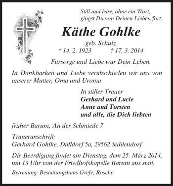 Traueranzeige von Käthe Gohlke von Uelzen