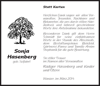 Traueranzeige von Sonja Hasenberg von Uelzen