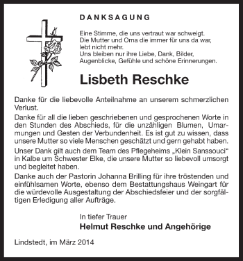 Traueranzeige von Lisbeth Reschke von Uelzen