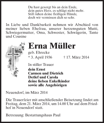 Traueranzeige von Erna Müller von Uelzen