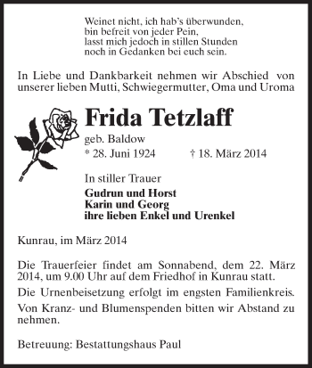 Traueranzeige von Frida Tetzlaff von Uelzen