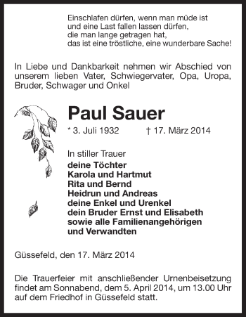 Traueranzeige von Paul Sauer von Uelzen