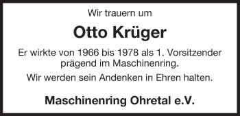 Traueranzeige von Otto Krüger von Uelzen