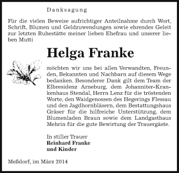 Traueranzeige von Helga Franke von Uelzen