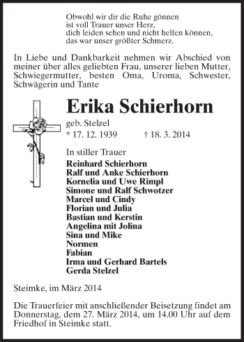 Traueranzeige von Erika Schierhorn von Uelzen