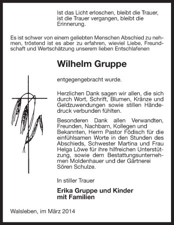 Traueranzeige von Wilhelm Gruppe von Uelzen