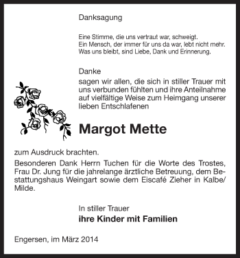 Traueranzeige von Margot Mette von Uelzen