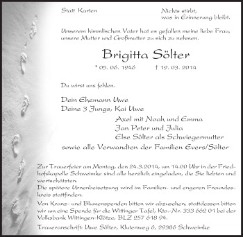 Traueranzeige von Brigitta Sölter von Uelzen