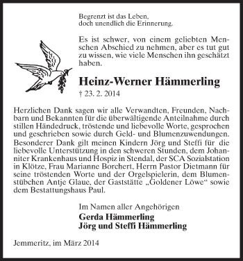 Traueranzeige von Heinz-Werner Hämmerling von Uelzen