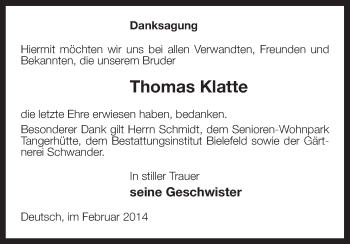 Traueranzeige von Thomas Klatte von Uelzen