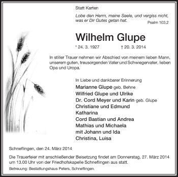 Traueranzeige von Wilhelm Glupe von Uelzen