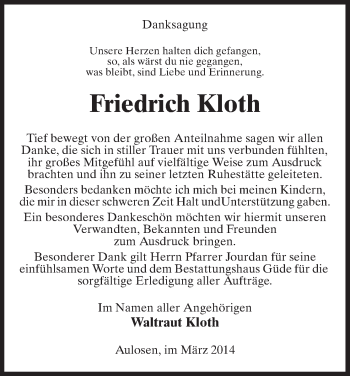 Traueranzeige von Friedrich Kloth von Uelzen