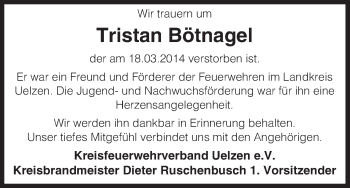 Traueranzeige von Tristan Bötnagel von Uelzen