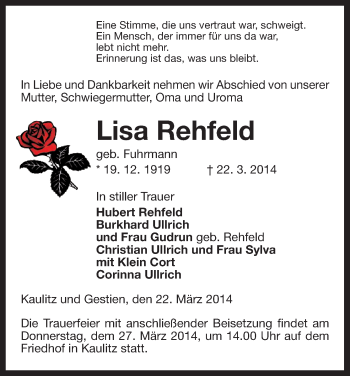 Traueranzeige von Lisa Rehfeld von Uelzen