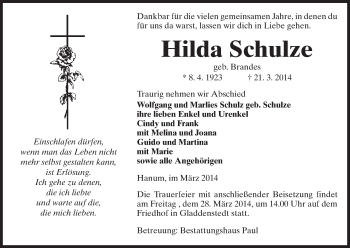 Traueranzeige von Hilda Schulze von Uelzen