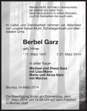 Traueranzeige von Berbel Garz von Uelzen