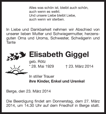 Traueranzeige von Elisabeth Giggel von Uelzen