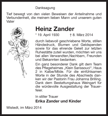 Traueranzeige von Heinz Zander von Uelzen