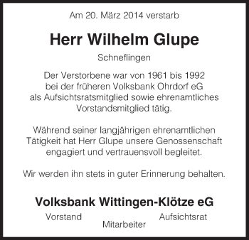 Traueranzeige von Wilhelm Glupe von Uelzen