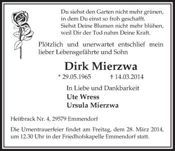 Traueranzeige von Dirk Mierzwa von Allgemeine Zeitung Uelzen