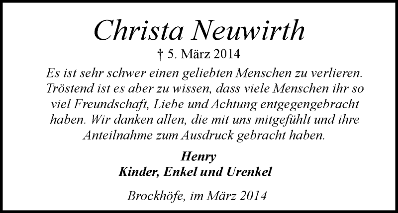  Traueranzeige für Christa Neuwirth vom 29.03.2014 aus Uelzen