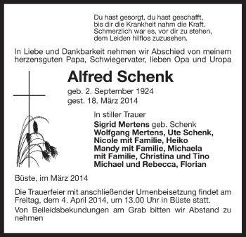 Traueranzeige von Alfred Schenk von Uelzen