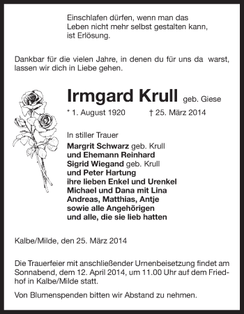 Traueranzeige von Irmgard Krull von Uelzen