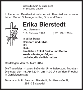 Traueranzeige von Erika Bierstedt von Uelzen