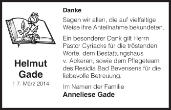 Traueranzeige von Helmut Gade von Uelzen