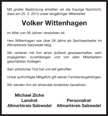 Traueranzeige von Volker Wittenhagen von Uelzen