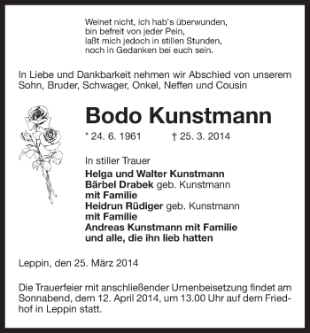 Traueranzeige von Bodo Kunstmann von Uelzen