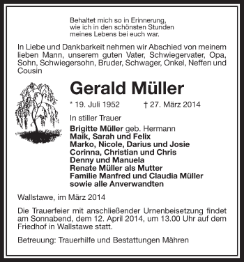 Traueranzeige von Gerald Müller von Uelzen