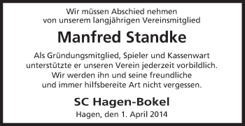 Traueranzeige von Manfred Standke von Uelzen