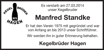 Traueranzeige von Manfred Standke von Uelzen