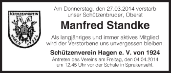 Traueranzeige von Manfred Standke von Uelzen