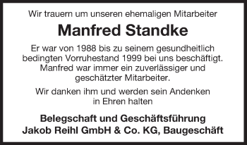 Traueranzeige von Manfred Standke von Uelzen