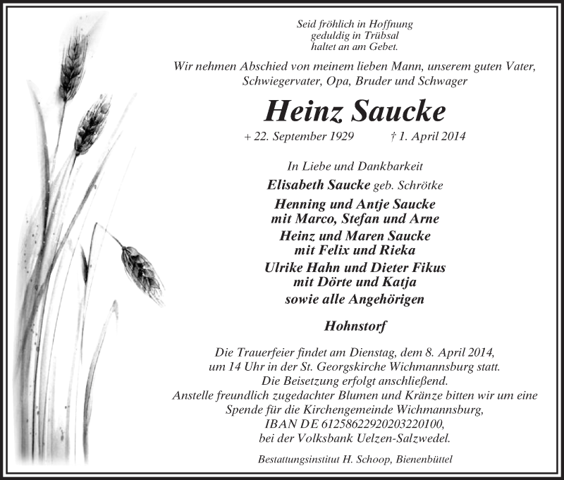  Traueranzeige für Heinz Saucke vom 03.04.2014 aus Uelzen
