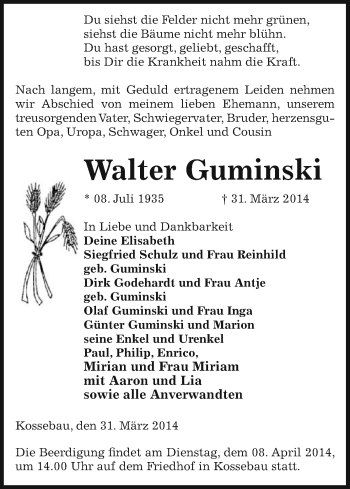 Traueranzeige von Walter Guminski von Uelzen