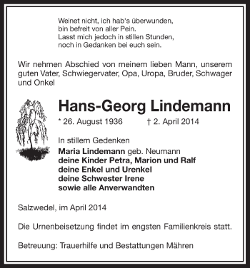 Traueranzeige von Hans-Georg Lindemann von Uelzen