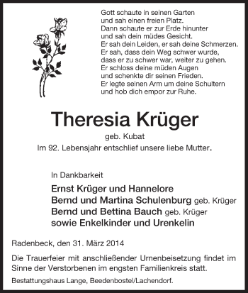 Traueranzeige von Theresia Krüger von Uelzen