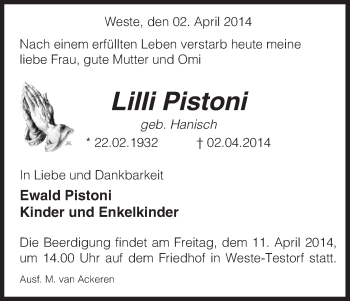 Traueranzeige von Lilli Pistoni von Uelzen