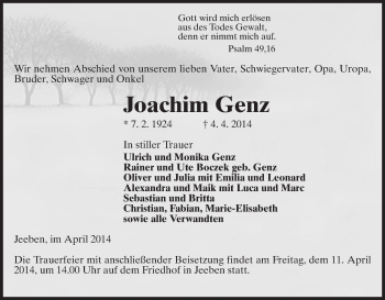 Traueranzeige von Joachim Genz von Uelzen