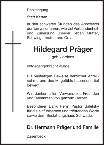 Traueranzeige von Hildegard Präger von Uelzen