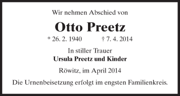 Traueranzeige von Otto Preetz von Uelzen