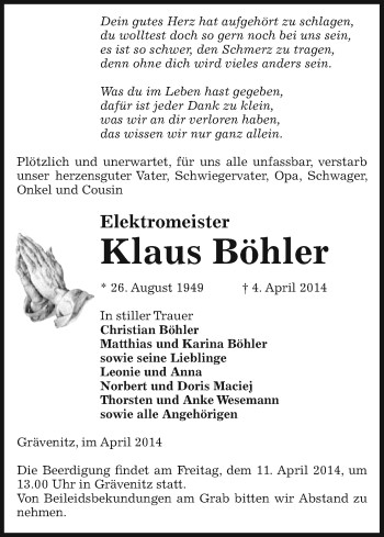 Traueranzeige von Klaus Böhler von Uelzen