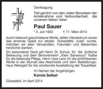 Traueranzeige von Paul Sauer von Uelzen