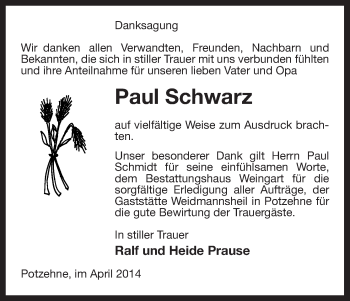 Traueranzeige von Paul Schwarz von Uelzen