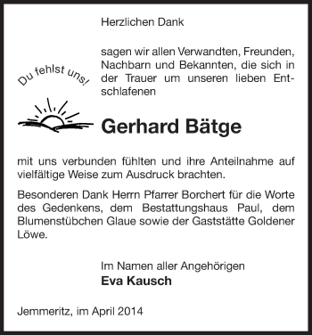 Traueranzeige von Gerhard Bätge von Uelzen