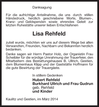 Traueranzeige von Lisa Rehfeld von Uelzen